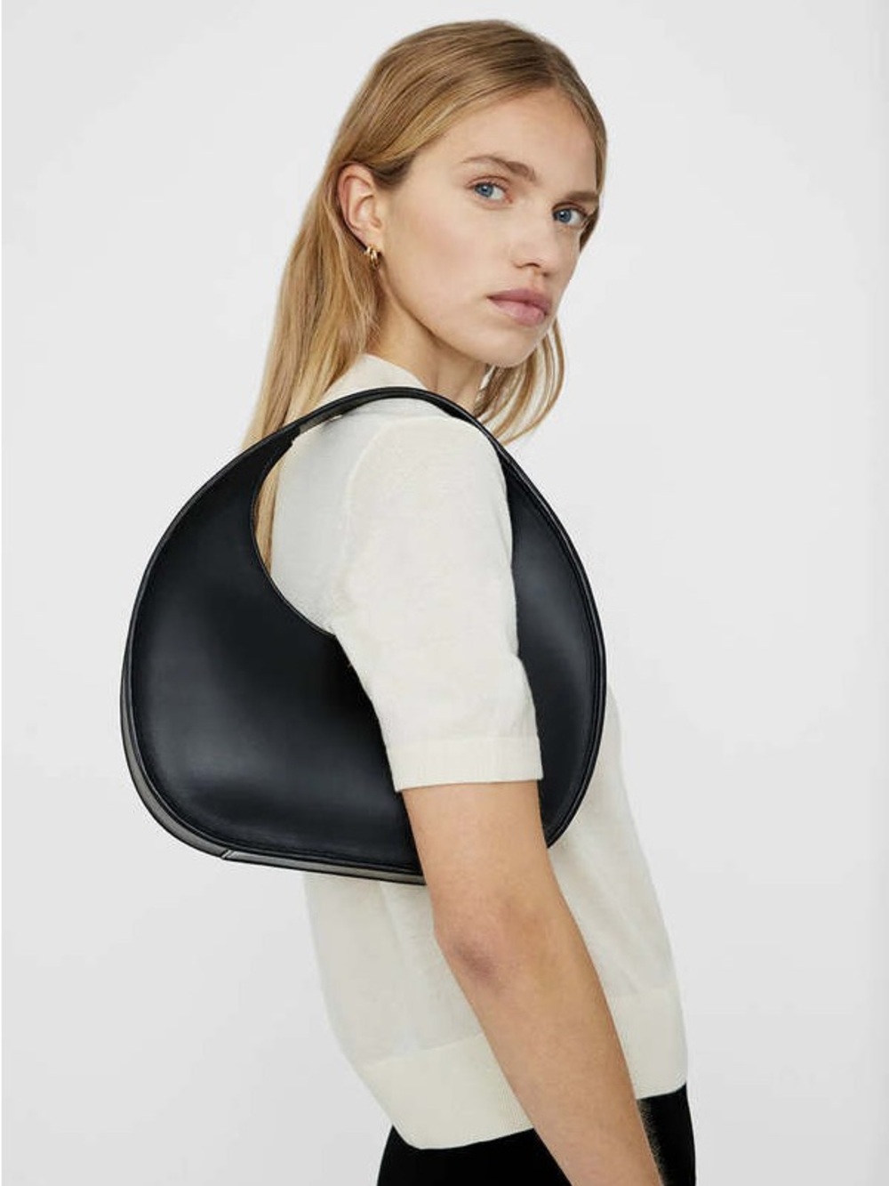 ANINE BING Luna Leather Crescent Shoulder Bag High Shine Black NEW with tags